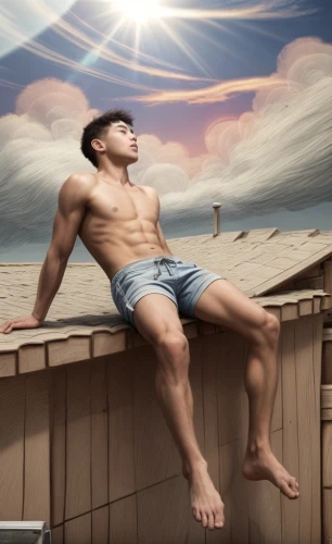 roofer,to sunbathe,sun-bathing,photo manipulation,digital compositing,male model,photoshop manipulation,sun tanning,man at the sea,image manipulation,roof landscape,sunbathe,man on a bench,male poses for drawing,beach background,on the roof,summer background,photomanipulation,sun exposure,summer sky,Common,Common,Natural