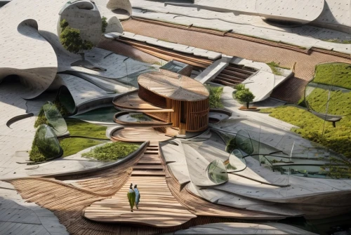 eco-construction,amphitheater,futuristic art museum,autostadt wolfsburg,japanese zen garden,scale model,urban design,wooden construction,archidaily,school design,diorama,futuristic architecture,sky space concept,amphitheatre,3d rendering,moveable bridge,roof landscape,music instruments on table,wooden mockup,eco hotel,Architecture,Villa Residence,Modern,Organic Modernism 2