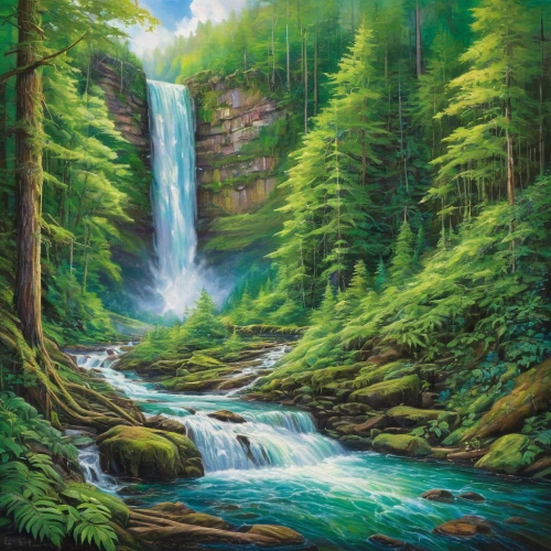cascades,green waterfall,forest landscape,oil painting on canvas,bridal veil fall,forest background,brown waterfall,landscape background,ash falls,waterfall,cascade,water falls,oil painting,oil on canvas,water fall,mountain stream,waterfalls,cascading,green forest,colored pencil background,Illustration,Paper based,Paper Based 09
