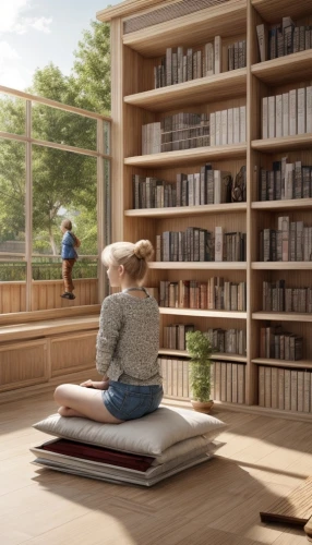 bookshelves,reading room,bookcase,bookshelf,book wall,3d rendering,book bindings,wooden shelf,archidaily,library,celsus library,danish furniture,girl studying,shelving,blonde woman reading a newspaper,tea and books,librarian,reader project,render,3d render,Common,Common,Natural