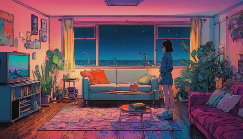 apartment,an apartment,blue room,aesthetic,livingroom,bedroom,room,playing room,shared apartment,empty room,living room,to be alone,one room,evening atmosphere,the little girl's room,modern room,vapor,indoors,abandoned room,indoor,Illustration,Japanese style,Japanese Style 14