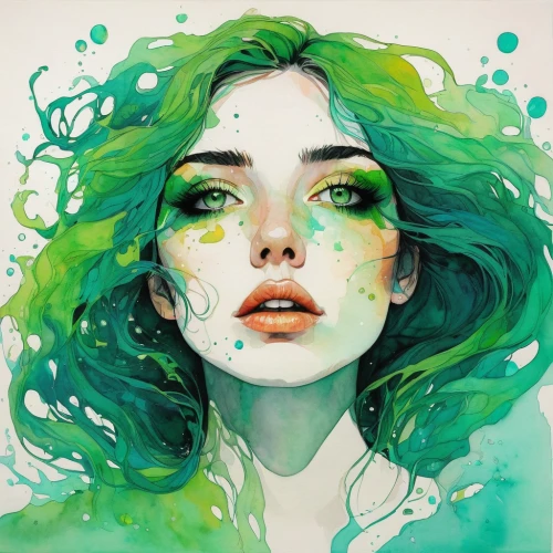 poison ivy,green mermaid scale,dryad,green skin,watercolor mermaid,menta,watercolor,watercolor paint,watercolor painting,green bubbles,medusa,emerald,watercolor pencils,fantasy portrait,siren,algae,water colors,watercolors,wasabi,green,Illustration,Paper based,Paper Based 19
