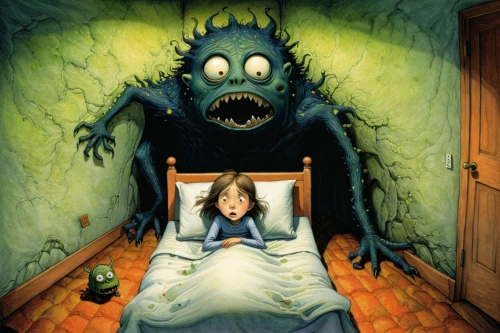 child monster,bad dream,nightmare,bogeyman,three eyed monster,phobia,blue monster,scared woman,scary woman,horror,the girl in nightie,children's fairy tale,childrens books,halloween poster,blue pillow,supernatural creature,scare,iridigorgia,frightened,to fear,Illustration,Children,Children 03