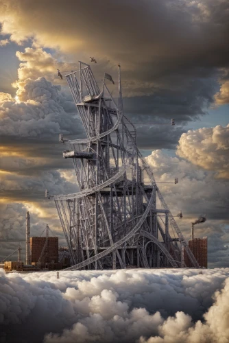 harbor crane,pirate ship,steel tower,industrial landscape,tower of babel,oil rig,galleon ship,cloud towers,ghost ship,full-rigged ship,russian pyramid,tallship,barquentine,steam frigate,tall ship,sail ship,concrete ship,sea sailing ship,shipping crane,the large crane