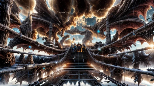 hall of the fallen,dragon bridge,nine-tailed,dragon of earth,end-of-admoria,heaven gate,heroic fantasy,descend,descent,door to hell,wyrm,black dragon,maelstrom,labyrinth,castle of the corvin,3d fantasy,dragons,sci fiction illustration,pillar of fire,purgatory