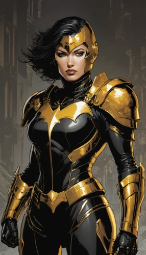 kryptarum-the bumble bee,wasp,gold paint stroke,goddess of justice,gold foil 2020,black and gold,yellow-gold,head woman,sprint woman,gold colored,gold wall,nova,marvels,super heroine,gold lacquer,marvel comics,female warrior,figure of justice,mary-gold,birds of prey,Illustration,American Style,American Style 06