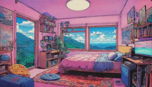 studio ghibli,bedroom,room,the little girl's room,bedroom window,sleeping room,children's bedroom,blue room,one room,shirakami-sanchi,sky apartment,abandoned room,dream world,boy's room picture,playing room,kids room,study room,great room,modern room,soft pastel,Illustration,Japanese style,Japanese Style 05