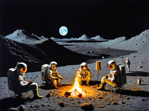 astronauts,moon landing,tranquility base,astronomers,campfires,lunar prospector,astronautics,lunar landscape,apollo 11,apollo program,campfire,moon base alpha-1,moon rover,phase of the moon,cosmonautics day,s'more,lunar phases,space art,moon valley,earth rise,Conceptual Art,Sci-Fi,Sci-Fi 16