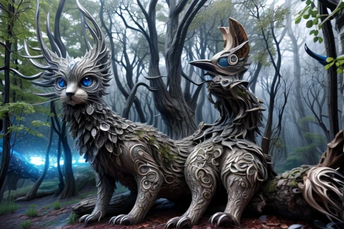 woodland animals,druids,forest animals,forest animal,forest dragon,elven forest,anthropomorphized animals,fantasy art,fawns,guards of the canyon,whimsical animals,enchanted forest,dryad,faery,fantasy picture,faerie,druid grove,creatures,mythical creatures,forest king lion