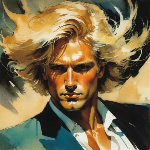sanji,rainmaker,sting,robert harbeck,golden haired,bouffant,blond,cool blonde,apollo,gentleman icons,italian painter,power icon,flow,bodhi,fountainhead,oil painting on canvas,transistor,bond,blond hair,rod,Illustration,Paper based,Paper Based 12