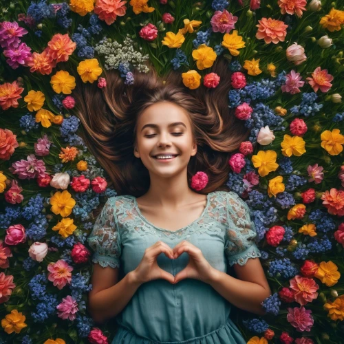 girl in flowers,beautiful girl with flowers,floral heart,floral background,flower background,colorful floral,flower carpet,colorful heart,girl in a wreath,girl picking flowers,floral,daisy heart,paper flower background,flower girl,falling flowers,floral digital background,sea of flowers,blooming wreath,daisies,petals,Photography,General,Fantasy