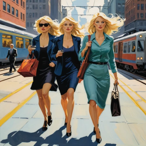 oil painting on canvas,commuting,businesswomen,advertising campaigns,blonde woman,oil painting,retro women,the three graces,business women,bussiness woman,women friends,travel woman,woman shopping,commute,oil on canvas,young women,women fashion,girls,vintage art,model years 1958 to 1967,Illustration,American Style,American Style 08