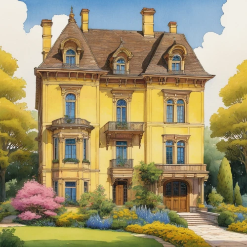 doll's house,house painting,dunrobin,french building,victorian house,chateau,studio ghibli,country house,fairy tale castle,swiss house,yellow garden,houses clipart,facade painting,bendemeer estates,würzburg residence,castelul peles,country estate,fairytale castle,art nouveau,beautiful home,Illustration,American Style,American Style 02