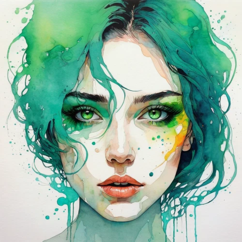 watercolor pencils,watercolor paint,water colors,watercolor,poison ivy,watercolor painting,watercolors,watercolor paint strokes,mystical portrait of a girl,dryad,menta,boho art,fantasy portrait,girl portrait,green mermaid scale,green skin,natura,watercolor background,watercolor women accessory,illustrator,Illustration,Paper based,Paper Based 19