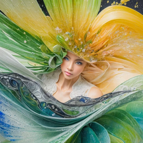 fairy peacock,faery,fairy queen,feather headdress,faerie,flower fairy,fairy,color feathers,sea anemone,girl in a wreath,peacock feathers,beautiful bonnet,flower of water-lily,headdress,merfolk,elven flower,garden fairy,green mermaid scale,dryad,peacock