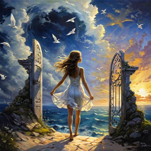 fantasy picture,heaven gate,world digital painting,fantasy art,little girl in wind,girl walking away,landscape background,the wind from the sea,the road to the sea,creative background,mermaid background,pathway,dream world,sea fantasy,celtic woman,dreams catcher,3d fantasy,imagination,dreamland,musical background,Illustration,Realistic Fantasy,Realistic Fantasy 30