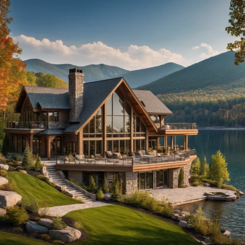 house with lake,house by the water,the cabin in the mountains,house in the mountains,house in mountains,summer cottage,lake view,beautiful home,chalet,luxury property,luxury home,boathouse,cottagecore,new england style house,vermont,log home,summer house,lodge,pool house,home landscape,Photography,General,Natural