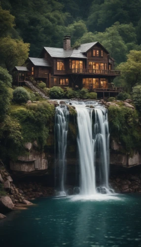 green waterfall,house in mountains,waterfalls,house in the mountains,brown waterfall,waterfall,house with lake,beautiful home,japanese architecture,house by the water,the cabin in the mountains,beautiful japan,luxury property,water mill,japan landscape,south korea,water falls,house in the forest,water fall,gioc village waterfall,Photography,General,Cinematic