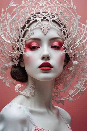 porcelain rose,geisha girl,headdress,headpiece,porcelain dolls,decorative figure,geisha,artist's mannequin,rose white and red,oriental princess,masquerade,dead bride,doll's facial features,the carnival of venice,porcelain,porcelain doll,mannequin,sculpt,the angel with the veronica veil,bridal accessory,Photography,Artistic Photography,Artistic Photography 13