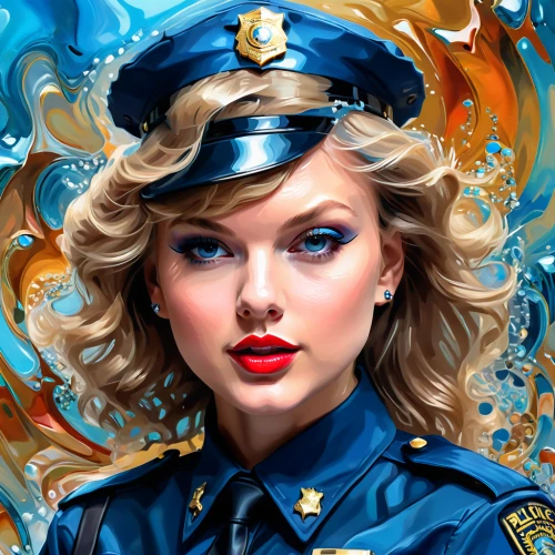 policewoman,officer,police officer,stewardess,police hat,modern pop art,cool pop art,blue painting,airbrushed,sheriff,fantasy art,art painting,pop art style,world digital painting,police,police uniforms,policia,policeman,portrait background,pop art girl,Photography,Artistic Photography,Artistic Photography 03
