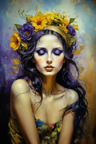 golden lilac,faery,mystical portrait of a girl,fantasy art,faerie,girl in flowers,passionflower,fantasy portrait,the lavender flower,boho art,girl in a wreath,beautiful girl with flowers,la violetta,purple and gold,art painting,lilac blossom,fairy queen,jasmine-flowered nightshade,purple lilac,flower painting