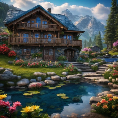 house in mountains,house in the mountains,alpine village,home landscape,summer cottage,the cabin in the mountains,beautiful home,house with lake,house in the forest,wooden house,log cabin,cottage,idyllic,mountain settlement,chalet,log home,country cottage,house by the water,fisherman's house,swiss house,Photography,General,Fantasy