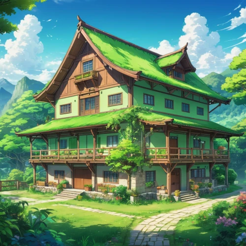 studio ghibli,house in the forest,violet evergarden,house in the mountains,home landscape,wooden house,house in mountains,ginkaku-ji,ancient house,beautiful home,little house,wooden houses,house painting,traditional house,summer cottage,roof landscape,lonely house,tsukemono,aurora village,japanese architecture,Illustration,Japanese style,Japanese Style 03