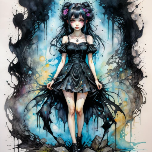 gothic dress,alice,marionette,gothic fashion,gothic style,tumbling doll,gothic,gothic woman,painter doll,dark art,evil fairy,artist doll,fairy queen,the enchantress,ghost girl,gothic portrait,raven girl,dress doll,vocaloid,fairy tale character,Illustration,Black and White,Black and White 23