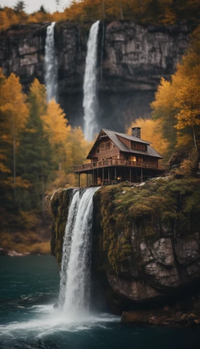 house in mountains,the cabin in the mountains,house in the mountains,house with lake,log home,log cabin,waterfalls,house in the forest,brown waterfall,house by the water,lonely house,beautiful home,water mill,waterfall,small cabin,home landscape,fall landscape,green waterfall,falls,summer cottage,Photography,General,Cinematic