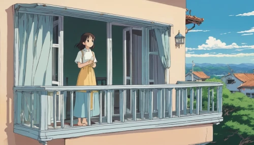 paris balcony,balcony,studio ghibli,sky apartment,on the roof,rooftop,overlook,french windows,summer day,window to the world,watercolor paris balcony,window sill,bedroom window,yui hirasawa k-on,parfait,block balcony,summer sky,rooftops,house silhouette,roof landscape,Illustration,Japanese style,Japanese Style 06