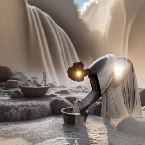 silversmith,digital compositing,fantasy picture,pouring tea,salt harvesting,ice hotel,ice planet,tinsmith,3d fantasy,drawing with light,offering,sci fiction illustration,wishing well,cinema 4d,blender,light bearer,photo manipulation,world digital painting,virtual landscape,3d render,Common,Common,Natural