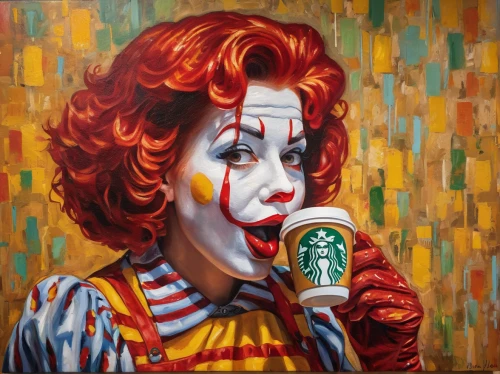 ronald,mcdonald,mcdonalds,oil painting on canvas,clown,modern pop art,mcdonald's,creepy clown,oil on canvas,rodeo clown,horror clown,woman drinking coffee,scary clown,popular art,cool pop art,it,oil painting,mcmuffin,fastfood,mac