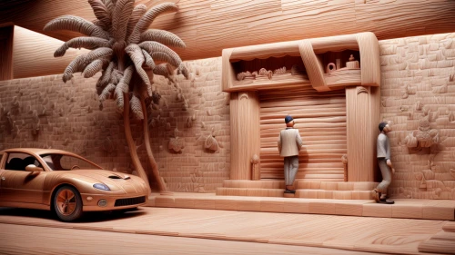 wooden car,diorama,wood grain,volkswagen new beetle,woody car,underground garage,wooden construction,made of wood,3d rendering,cardboard background,bamboo car,car boutique,desert safari,wooden wall,car showroom,a museum exhibit,automobile repair shop,interior design,mini suv,smart fortwo
