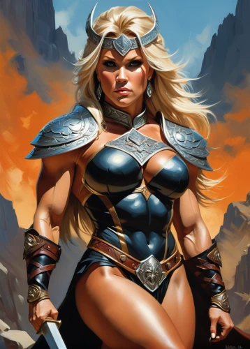 female warrior,warrior woman,barbarian,hard woman,strong woman,fantasy woman,strong women,ronda,heroic fantasy,fantasy warrior,he-man,wonderwoman,muscle woman,woman strong,greyskull,norse,god of thunder,wind warrior,breastplate,goddess of justice,Conceptual Art,Oil color,Oil Color 04
