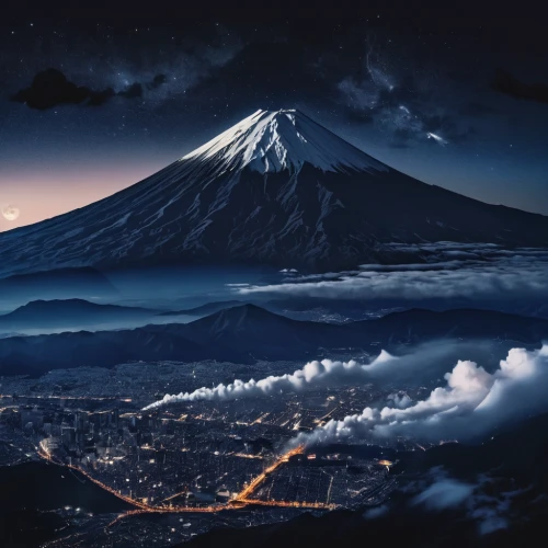 japan's three great night views,mount fuji,mt fuji,fuji mountain,fuji,stratovolcano,japanese mountains,mount taranaki,japan landscape,kilimanjaro,volcanic landscape,etna,el teide,fujiyama,the volcano avachinsky,beautiful japan,popocatepetl,taranaki,nightscape,mount etna,Illustration,Realistic Fantasy,Realistic Fantasy 46