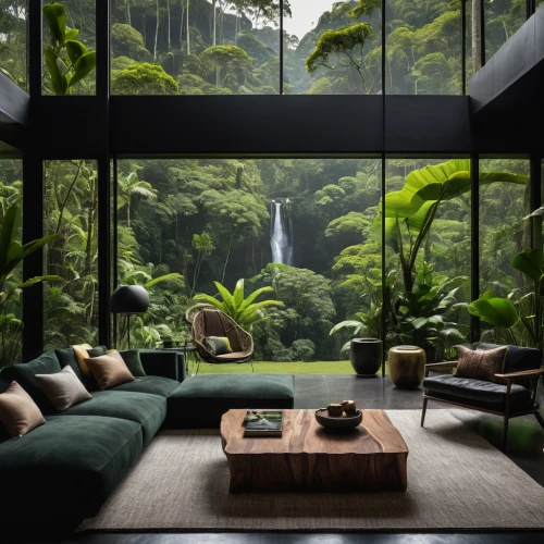 tropical greens,green waterfall,green living,rain forest,living room,tropical jungle,beautiful home,modern living room,rainforest,greenforest,sitting room,livingroom,landscape designers sydney,interior modern design,interior design,bamboo curtain,landscape design sydney,green forest,zen garden,house in the forest,Photography,General,Cinematic