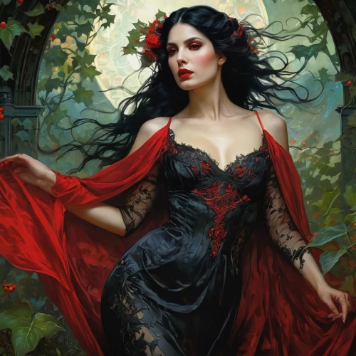 fantasy portrait,the enchantress,fantasy art,gothic woman,gothic portrait,sorceress,red riding hood,faery,queen of hearts,lady in red,vampire lady,secret garden of venus,red roses,faerie,scarlet witch,vampire woman,fantasy woman,black rose hip,red rose,romantic portrait,Conceptual Art,Fantasy,Fantasy 05