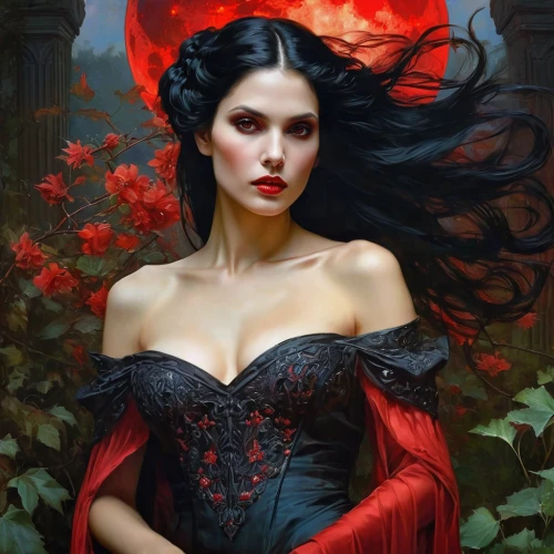vampire woman,vampire lady,scarlet witch,fantasy portrait,gothic portrait,queen of hearts,red rose,black rose hip,red roses,lady in red,fantasy art,gothic woman,red riding hood,sorceress,moonflower,the enchantress,red petals,fantasy woman,widow flower,red gown,Conceptual Art,Fantasy,Fantasy 05