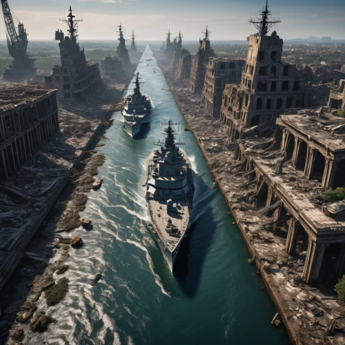 ship yard,imperial shores,destroyed city,atlantis,airships,shipyard,ship traffic jams,old ships,ship traffic jam,gunkanjima,ancient city,citadel,industrial ruin,battleship,very large floating structure,docks,naval battle,factory ship,cargo port,water castle,Photography,General,Natural