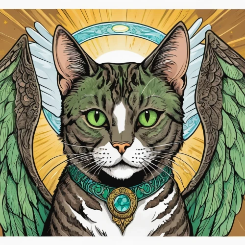 capricorn kitz,cat vector,cat sparrow,prophet,messenger of the gods,patrol,archangel,guardian angel,anahata,pet portrait,saint patrick,sacred art,horus,caduceus,adobe illustrator,cat warrior,the archangel,business angel,silver tabby,cat image,Illustration,American Style,American Style 13