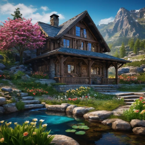 alpine village,house in the mountains,house in mountains,summer cottage,the cabin in the mountains,country cottage,home landscape,cottage,springtime background,house in the forest,idyllic,house with lake,log cabin,beautiful home,fisherman's house,mountain settlement,spring background,little house,house by the water,country estate,Photography,General,Fantasy