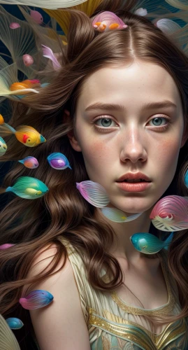 girl with cereal bowl,faery,mystical portrait of a girl,water pearls,mermaid background,iridescent,world digital painting,fantasy art,sci fiction illustration,fantasy portrait,faerie,colorful foil background,3d fantasy,mermaid vectors,lure,wet water pearls,looking glass,digital compositing,mermaid scales background,girl with a dolphin