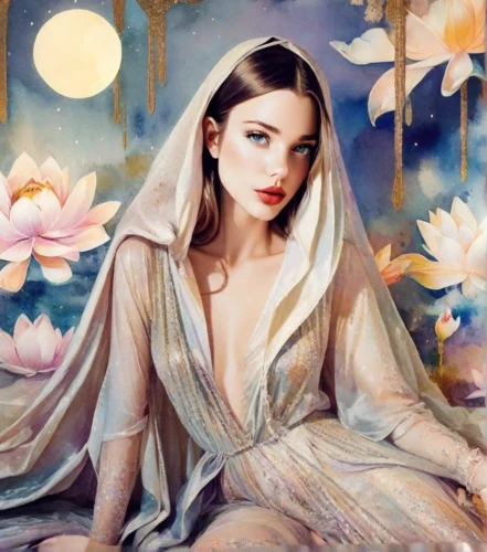 moonflower,fantasy portrait,romantic portrait,audrey hepburn,blue moon rose,mystical portrait of a girl,oil painting on canvas,oriental princess,white lady,girl in cloth,lady of the night,fashion illustration,jessamine,jasmine blossom,madonna,fantasy art,oil painting,boho art,audrey hepburn-hollywood,fantasy picture
