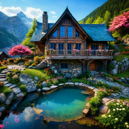 house in mountains,house in the mountains,house with lake,summer cottage,the cabin in the mountains,house by the water,beautiful home,alpine village,home landscape,cottage,chalet,house in the forest,mountain settlement,mountain huts,beautiful landscape,pool house,idyllic,alpine lake,wooden house,swiss house,Photography,General,Fantasy