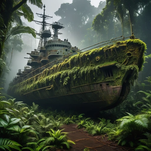 ship wreck,abandoned boat,amphibious assault ship,reefer ship,rescue and salvage ship,rain forest,shipwreck,the wreck of the ship,tropical jungle,battlecruiser,docked,ghost ship,monkey island,galleon,galleon ship,dock landing ship,victory ship,sub-tropical,ship of the line,amphibious warfare ship,Photography,General,Sci-Fi