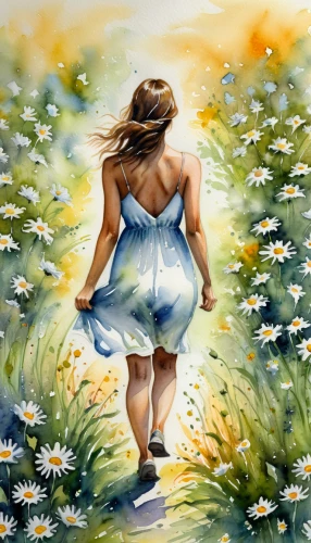 girl in flowers,girl picking flowers,watercolor background,watercolor painting,girl walking away,flower painting,little girl in wind,little girl running,daisies,woman walking,meadow in pastel,watercolor paint,meadow daisy,watercolor,chasing butterflies,girl in the garden,daisy flowers,dandelion field,springtime background,dance with canvases,Illustration,Paper based,Paper Based 24