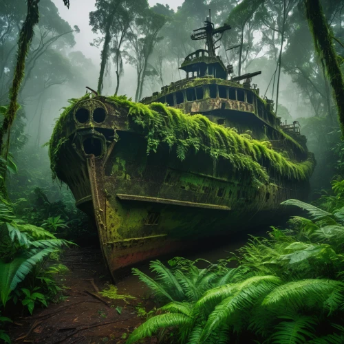 abandoned boat,ship wreck,ghost ship,reefer ship,pirate ship,shipwreck,monkey island,sunken ship,old ship,sea fantasy,rain forest,the wreck of the ship,old ships,boat landscape,rescue and salvage ship,boat wreck,house in the forest,abandoned,treehouse,galleon,Photography,General,Fantasy
