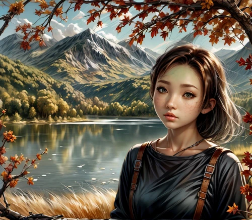 autumn background,landscape background,world digital painting,fantasy portrait,autumn scenery,autumn idyll,girl with tree,autumn landscape,fantasy picture,the autumn,girl on the river,in the autumn,autumn icon,autumn day,mystical portrait of a girl,chinese art,portrait background,fantasy art,autumn mountains,one autumn afternoon