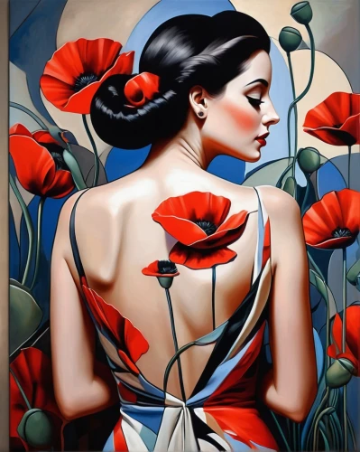 art deco woman,david bates,body painting,oil painting on canvas,bodypainting,flower painting,art painting,italian painter,coquelicot,fabric painting,oil painting,red petals,carol m highsmith,art deco,red poppies,girl in flowers,red magnolia,fashion illustration,glass painting,flower art,Art,Artistic Painting,Artistic Painting 42