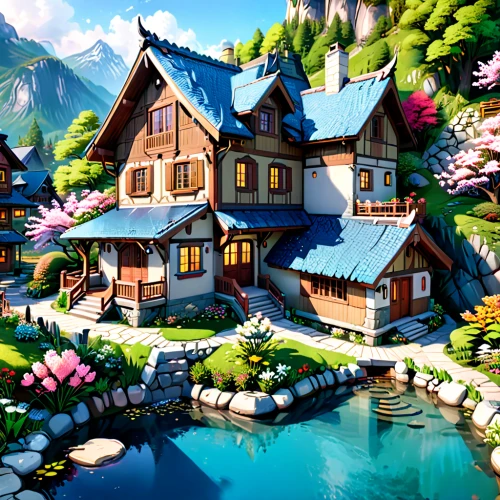 alpine village,mountain village,home landscape,house in mountains,house in the mountains,popeye village,fairy village,wooden houses,summer cottage,resort town,fantasy landscape,mountain settlement,mountain huts,landscape background,world digital painting,house by the water,cottage,aurora village,escher village,beautiful home,Anime,Anime,General